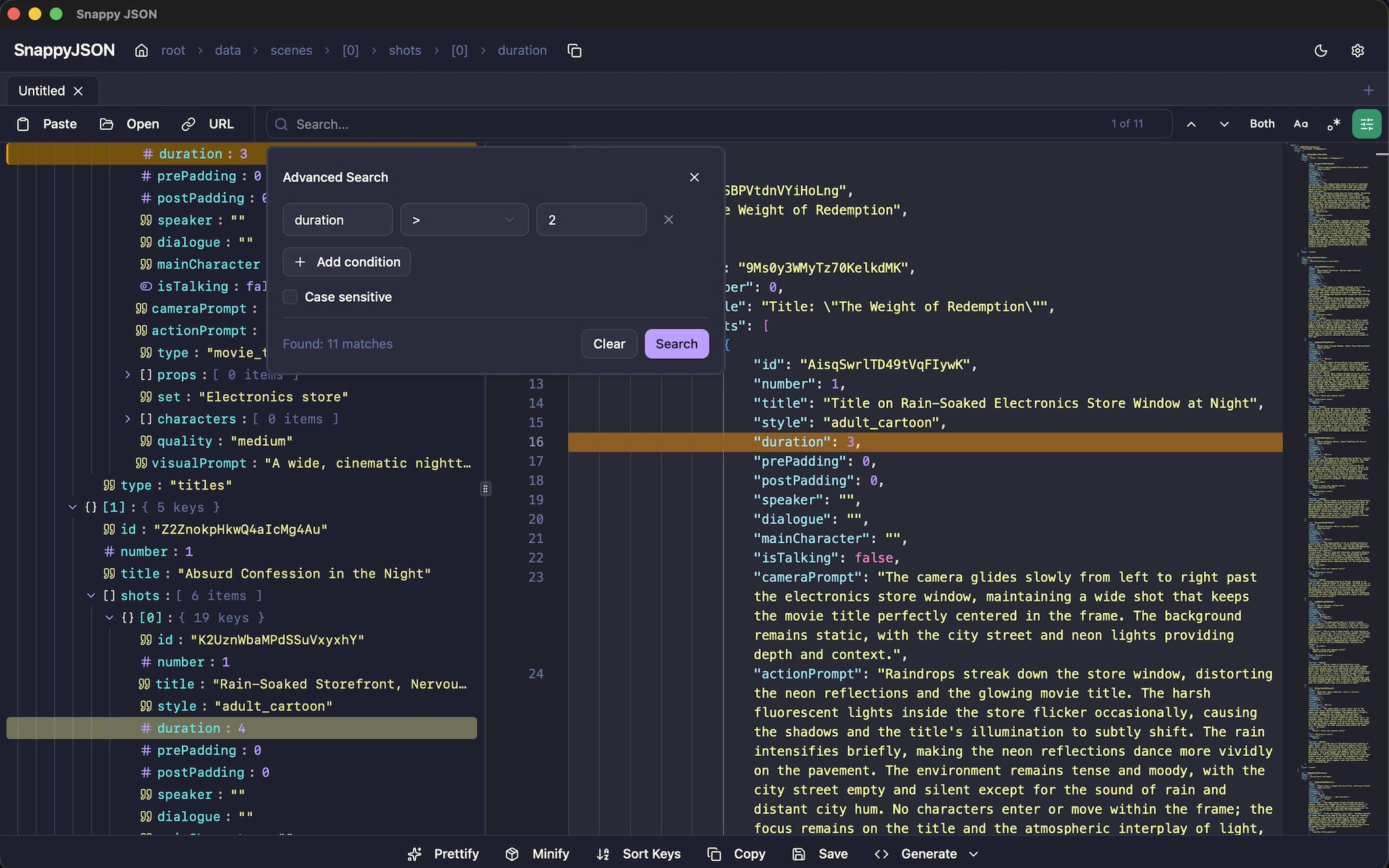 SnappyJSON interface showing tree view and editor side by side